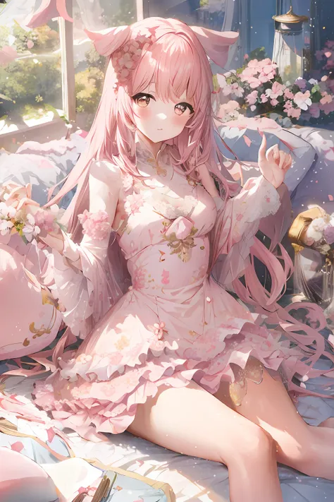 anime girl sitting on bed with pink flowers in pink dress, cute anime waifu in a nice dress, guweiz in pixiv artstation, beautif...