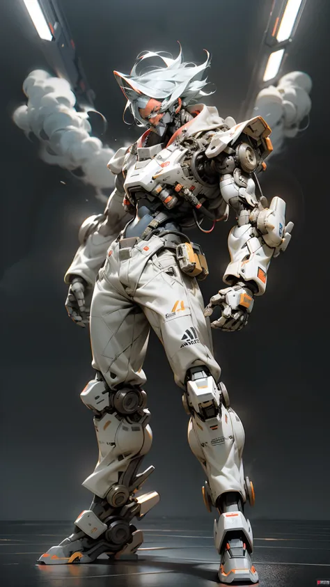 a super cool and trendy mecha boy,play with cloud,hair melts into the clouds,robotic arms,wearing frosted miky white jackets,miky white skrits,looking at viewer,bored pose,full body,black background,fine luster,clay materials,cyberpunk,in the style of zbru...