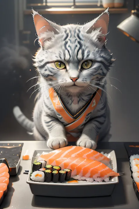 close-up photography of (grey tabby cat is preparing sushi on the table:1.2), (c4ttitude:1.3), in glasstech kitchen, hyper realistic, intricate detail, (foggy:1.1), pov from below