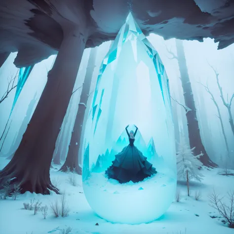 A woman inside a crystal, a crystal, under a waterfall descending on her, frozen, a world full of snow, dead trees