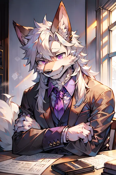 solo person，shaggy male，hairy bodies，shoun，coyote，canid，grey fur，Long white hair，The ends of the hair are purple，Purple eye，Bind your hands，Bullied，adolable，Handsome，large tail，full bodyesbian，Business suit，in company，Pushed down on a chair by subordinates