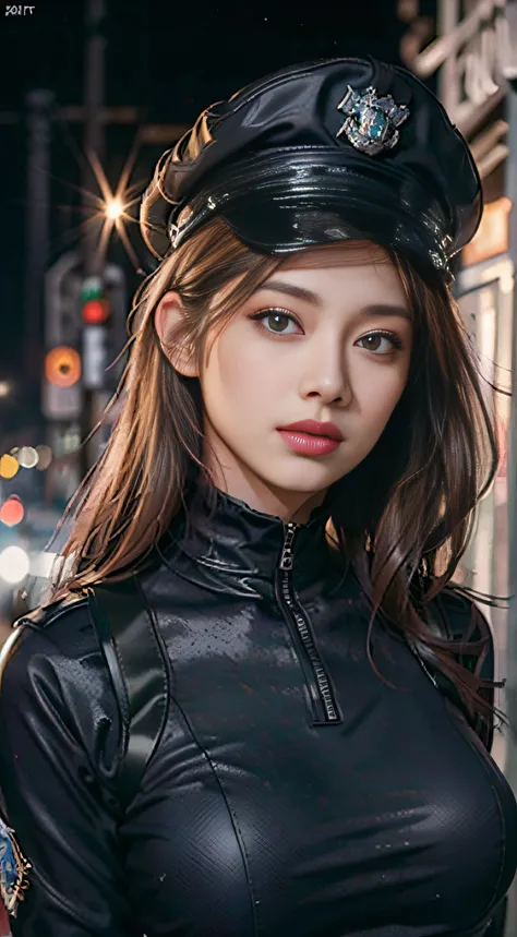 1girl in, Full body, (Police Woman:1), uniform, Night Street, Face lighting, Bright backlight, mid-chest, 超A high resolution, Best Quality, Photos, 8K, (Photorealistic:1.2), (super car:1), (Rise Button: 1), (squad car: 1), (AV actress: 1), ( Photos: 1), (E...