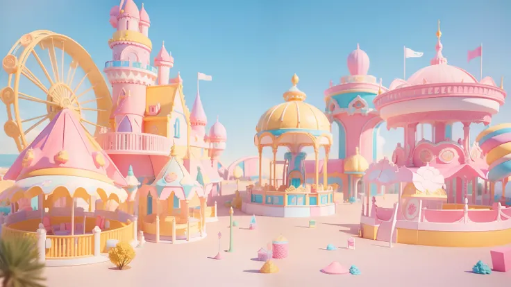 Pastel color,Clean background,Colorful theme park scene with castle and roller coaster and carousel,Dream Candy Garden Castle,Super detail, In Freys style, cartoon scene,carefully designed,Desert waves,seaside scenes,soft render,Yellow and pink,Pop,C4D,ove...