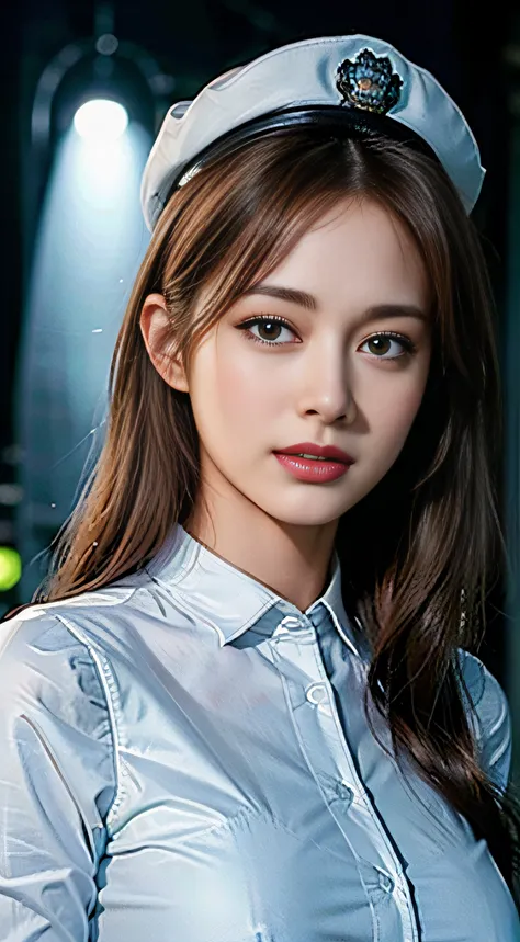 1girl in, Full body, (Police Woman:1), uniform, Night Street, Face lighting, Bright backlight, mid-chest, 超A high resolution, Best Quality, Photos, 8K, (Photorealistic:1.2), (super car:1), (Rise Button: 1), (squad car: 1), (AV actress: 1), ( Photos: 1), (E...