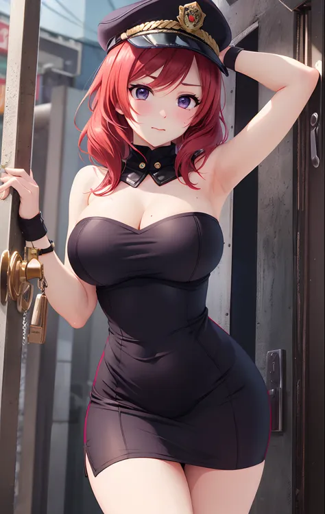 nishikino maki, purple eyes,red hair, curvy body, big breasts,((red sexy short bodycon dress)), strapless , sleeveless, cleavage...