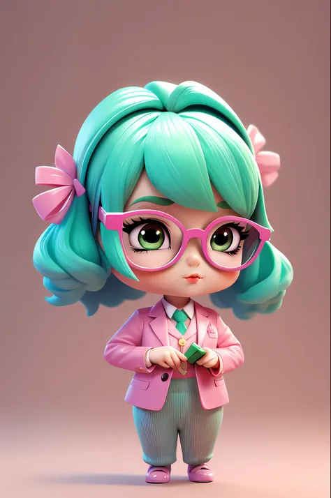 masterpiece, a cute girl is writing, glasses, pink suit, green hair, chibi style