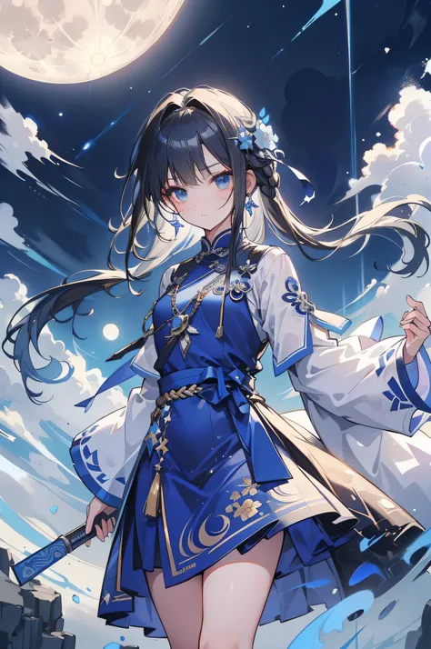 hyper HD, Best quality, Slim figure, Pretty face, Eyes have light, brunette, Gently drape at the back, Braided into simple braids, A hair ornament in the shape of a small moon。She wears a silver or blue cheongsam, The edges of the cheongsam are embroidered...