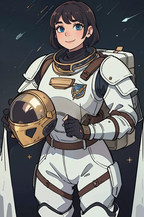 professional artwork, detailed eyes, beautiful eyes, beautiful face, flawless face, gorgeous face, smooth features, blush, short hair, unhelmeted head, beautifully detailed background, woman in armored space suit holding space helmet in her hands, space su...