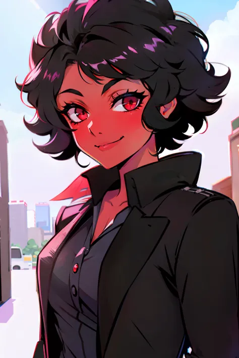 black skin, female,  short curly dark black hair, red eyes, vampire, black coat, smile