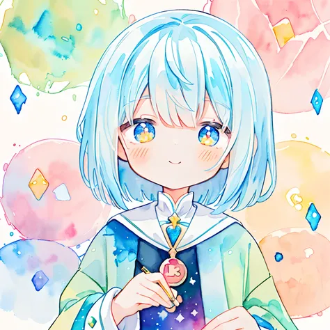 (pastelcolor:1.3)、(cute illustration:1.3)、(watercolor paiting:1.1)、Background with、1girl in、A smile、beautiful with detail、moya、extremely colorful、marbled、Particles of Light、patterns、(Lovely Backgrounds:1.3), (Highly detailed tactile feel:1.3), ///, Short h...