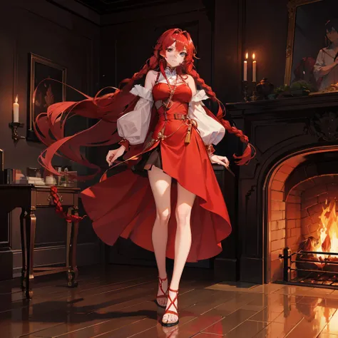 Against the background of the fire element，Big red hair，With a long braid，Wearing a red dress，The legs are worn with knee-length black silk