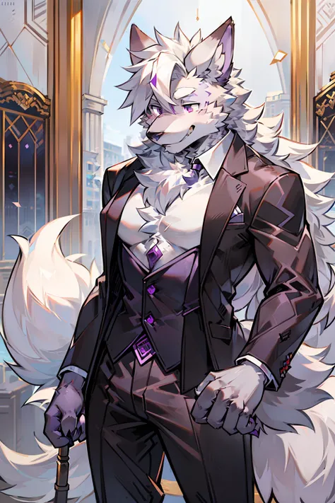 solo person，shaggy male，hairy bodies，shoun，coyote，canid，grey fur，Long white hair，The ends of the hair are purple，Purple eye，Bind your hands，Bullied，adolable，Handsome，large tail，full bodyesbian，Business suit，in company，Single eye