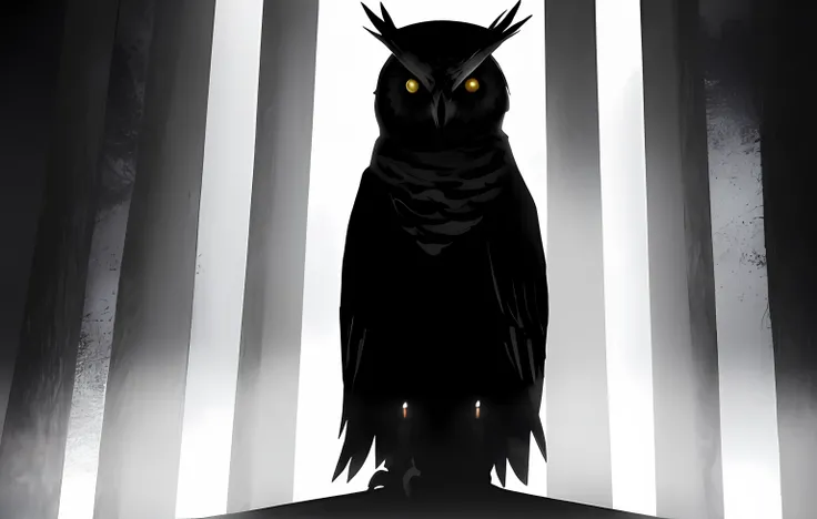 Black and white owl holding a candle :2 , standing on top of a cut tree, night time, the warm light of the candle contrast with the dark colors, evoking an eerie ambiance with its enigmatic aura and minimalist silhouette, against a mysterious dark backgrou...