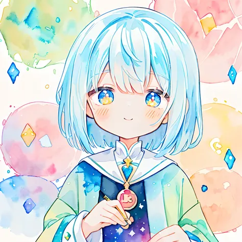 (pastelcolor:1.3)、(cute illustration:1.3)、(watercolor paiting:1.1)、Background with、1girl in、A smile、beautiful with detail、moya、extremely colorful、marbled、Particles of Light、patterns、(Lovely Backgrounds:1.3), (Highly detailed tactile feel:1.3), ///, Short h...