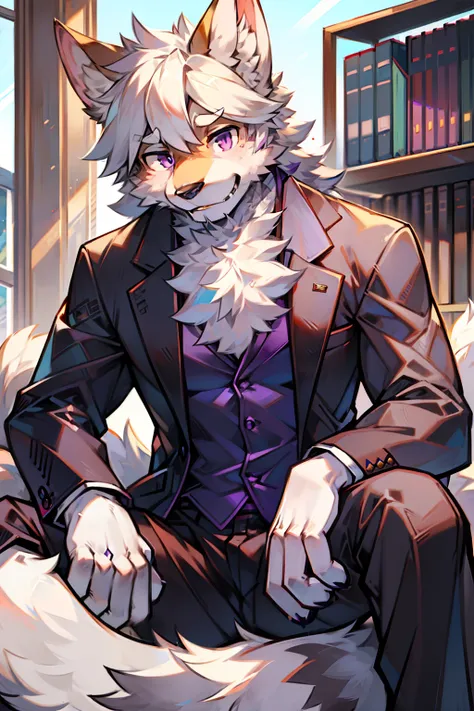 solo person，shaggy male，hairy bodies，shoun，coyote，canid，grey fur，Long white hair，The ends of the hair are purple，Purple eye，Bind your hands，Bullied，adolable，Handsome，large tail，full bodyesbian，Business suit，in company，sitting in office