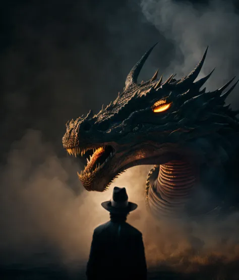 (epic photography:1.3) (dark scene:1.2) with moody side light, (rim light:1.2) silhouette, (huge dragon face:1.3) in the smoke with smoldering (embers:1.2) glowing in his nostrils and low flames glowing in his mouth, (detailed glowing eyes:1.1) with haunti...