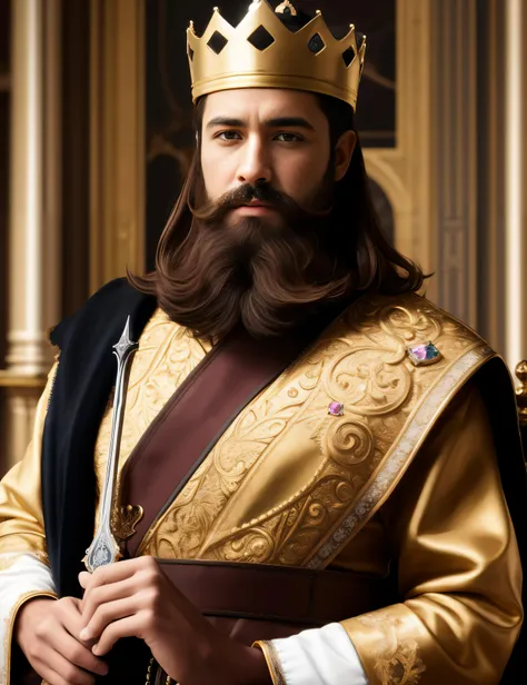 masterpiece, sharp focus, 8k, highly detailed, best quality, ultra detailed, ultra high res, (photorealistic:1.2), (ulzzang-6500:0.5), (pureerosface_v1:0.5), Man, Majesty, a messy beard, King, Crown, Gorgeous clothes, western aristocracy, brown hair, a swo...