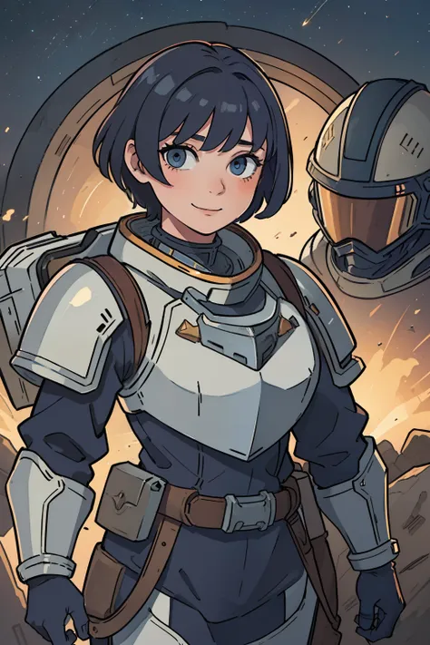 professional artwork, detailed eyes, beautiful eyes, beautiful face, flawless face, gorgeous face, smooth features, blush, short hair, very short hair, pixie cut, dark blue hair, unhelmeted head, beautifully detailed background, woman in armored space suit...