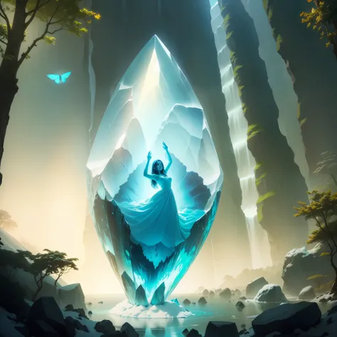 A large crystal with a butterfly-shaped woman inside under a waterfall surrounded by trees Make the whole world frozen and a lot of snow