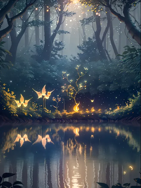 Masterpiece, best quality, (very detailed CG unity 8k wallpaper), (best quality), (best illustration), (best shadows), glow sprite, with a glowing deer, in the swimming pool Drinking water, natural elements in the forest theme. Mysterious forest, beautiful...