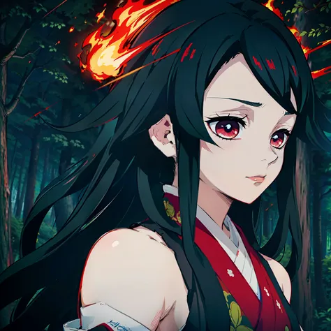 Kimetsu no Yaiba style, 1girl, 独奏, kblack eyes, bright red hair, extra very long hair,   ((Masterpiece)), ((portraite of a)), The forest is on fire, Lessolo on fire, the night,  ((Masterpiece)), (((hiquality))), japanese clothes, black kimono, Sleeveless, ...