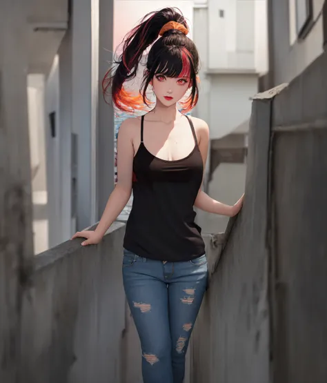 1 girl, standing on front a house, with black top, ripped jeans