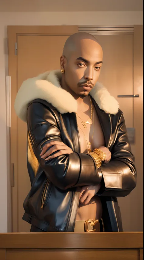 1rapper with Bald hair, T Pose, Fantasy Background, modern mink Fur Jacket (Gucci) (Fendi) (H R Gigger), High End Luxury Fashion, Lots of GOld Chains Jewelry and Diamonds, fog, detailed and realistic image, amazing composition with vintage scenery with abs...