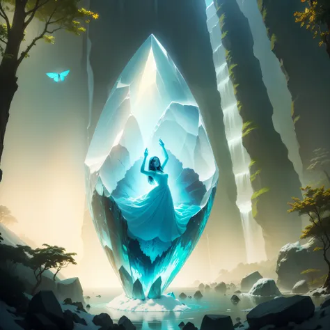 A large crystal with a butterfly-shaped woman inside under a waterfall surrounded by trees Make the whole world frozen and a lot of snow