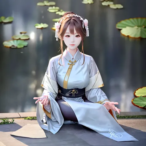 Woman sitting in lotus pose on the ground， A beautiful girl in Hanfu, Hanfu, White Hanfu, Wearing ancient Chinese clothes, with acient chinese clothes, full-body xianxia, Chinese costume, tranquil and graceful, Traditional Chinese clothing, Serene expressi...