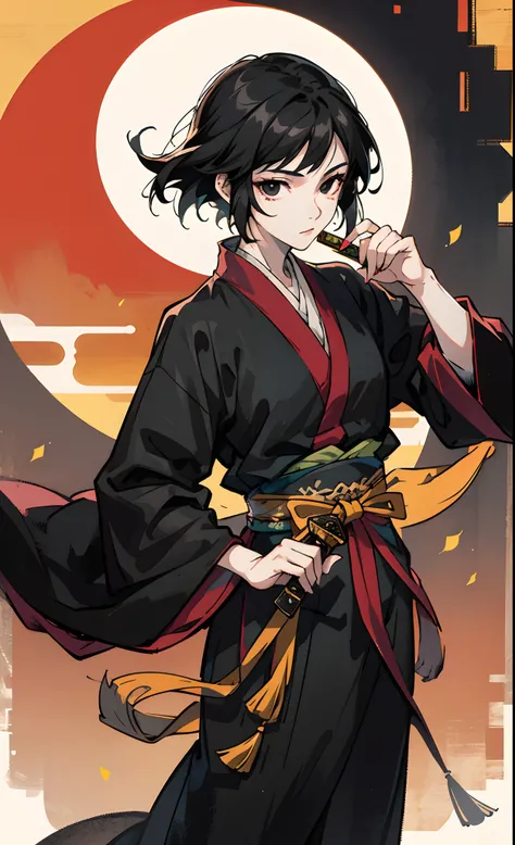 Short hair, black hair, hanfu, left hand fan, right hand long sword, female, anime, standing, black eyes, sunset