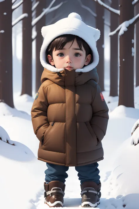 at winter season，younge boy，standing on your feet，up front view，the sideview，posterior view