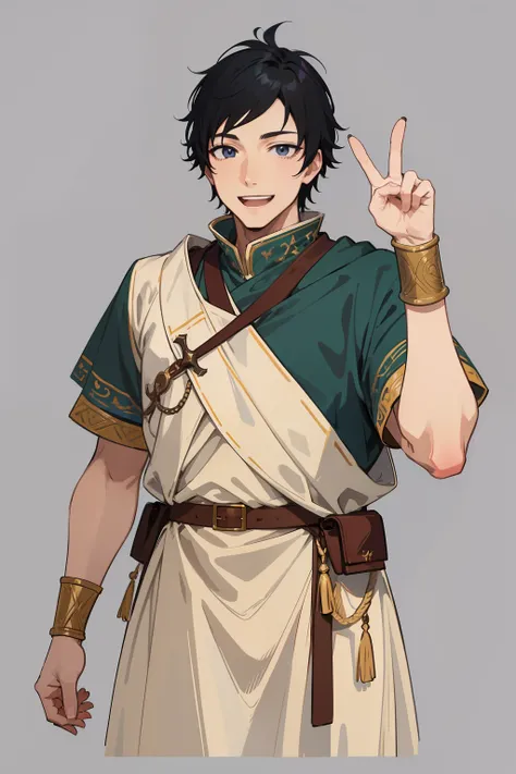 anime screenshot　Medieval European cloth costumes　28-year-old man with short black hair standing　Left hand is a peace sign　He looks at us with a big smile。Fine line art 2020s anime　light skinned　detail up