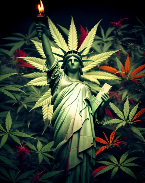 Statue of Liberty with marijuana leaf in hand and a lit candle, personification of marijuana, fundo da erva daninha, Cannabis!, erva daninha, Cannabis, maconha!, representando a liberdade, maconha, americanizar, Fundo de Nova York detalizado, maconha, the ...