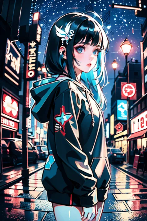 (Masterpiece), Best Quality, Ultra High Resolution, Little Girl, Cyberpunk 1girl Flying over Stunning Cityscape, Hoodie, Blue Hair, Neon Shooting Star, Very Long Hair, Off-the-Shoulders, Feather Hair Ornaments, Neon Color, Glitter, Stunning Night Sky, Cine...