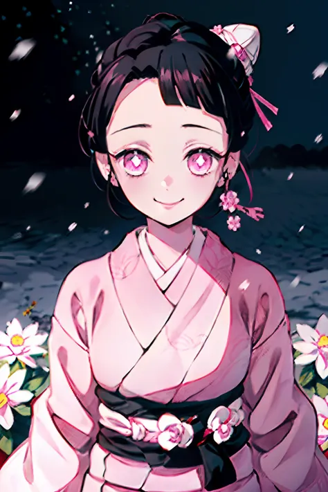 kimetsu no yaiba style, 1girl, 独奏, smile, pink eyes, white pupils in the shape of flowers, black  hair, hair gathered in a bun, ...