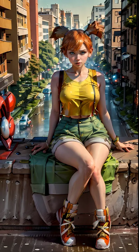 masterpiece, best quality, highres, 1girl, misty (pokemon), orange hair, yellow tops, full body view, sitting in urban city road...