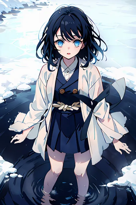 1girl, gacha splash, kimetsu no yaiba style, 1girl, medium curly hair, loose hair, navy blue hair, front two curly strands, bangs, blue eyes, Japanese clothes, ((bare white coat)), long collared blue jacket , short blue skirt, standing knee-deep in water, ...