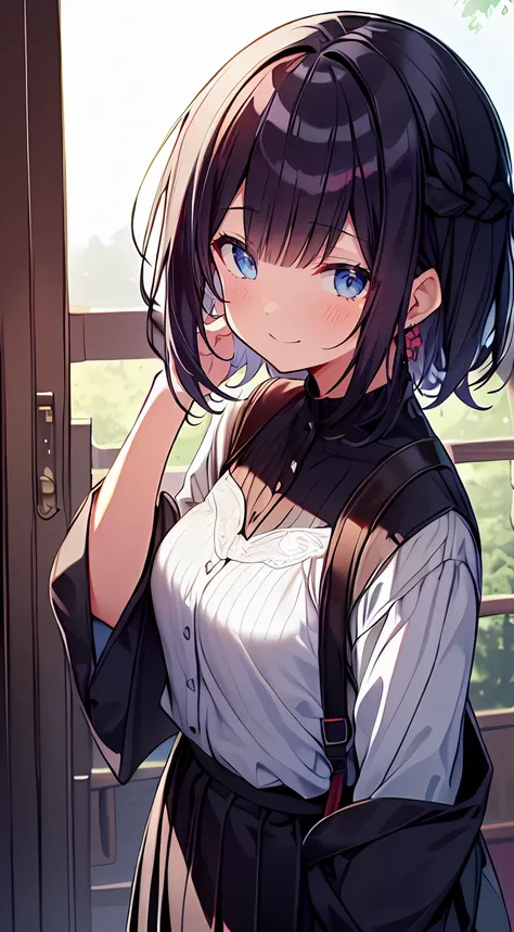 masutepiece, Best Quality,Illustration, Wallpaper, Ultra Detail, 1girl in,Solo,Beautiful detailed eyes,Very thick contour lines、Medium Short-Cut Hair、Short, Braided hair、(student clothes)、Dark hair color、a serene smile、Kamimei、Overlooking angle:1.2、small h...