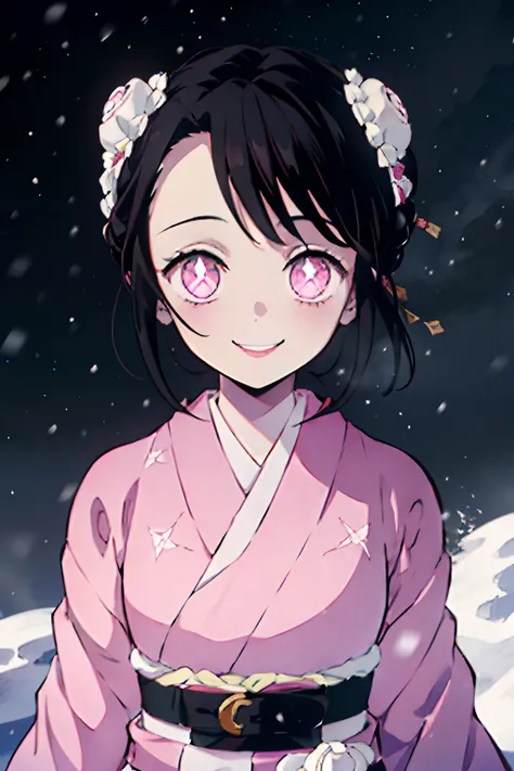 kimetsu no yaiba style, 1girl, 独奏, smile, pink eyes, white pupils in the shape of flowers, black  hair, hair gathered in a bun, ...