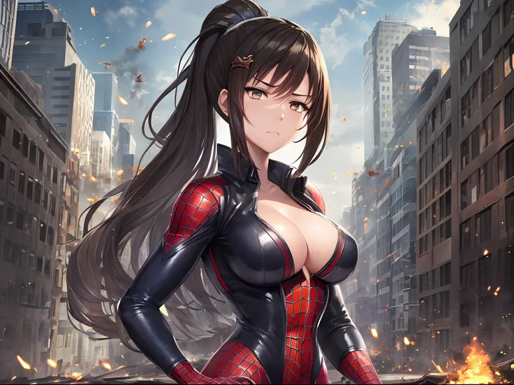 1girl,thoka in Spider-Man costume,gigantic breasts,superhero pose,standing in ruined city,smoke,sparks,(8k),scratches,close-up,detailed face,dark brown hair, light brown eyes,long hair,ponytail,embarassed,shy,small serious face,