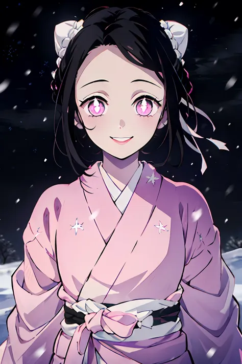 kimetsu no yaiba style, 1girl, 独奏, smile, pink eyes, white pupils in the shape of flowers, black  hair, hair gathered in a bun, ...