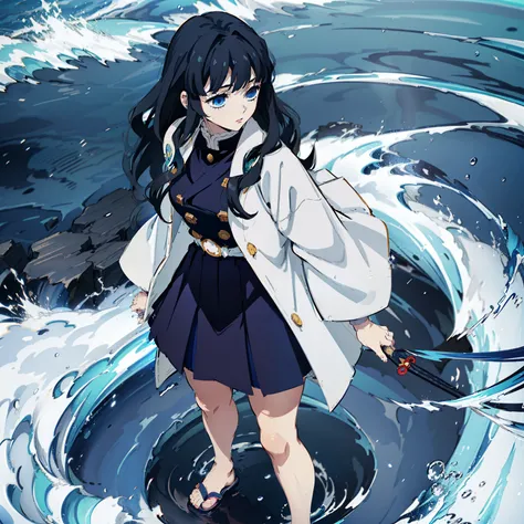 1girl, gacha splash, kimetsu no yaiba style, 1girl, medium curly hair, loose hair, navy blue hair, front two curly strands, bangs, blue eyes, Japanese clothes, ((bare white coat)), long collared blue jacket , short blue skirt, standing knee-deep in water, ...