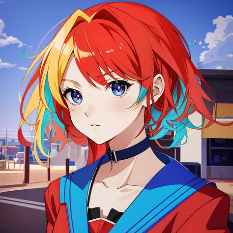 Anime girl with red hair and blue collar shirt standing in front of the port, in an anime style, In anime style, anime art style, Anime style portrait, Anime style. 8K, Anime art style, realistic anime artstyle, style of anime, semirealistic anime style, H...