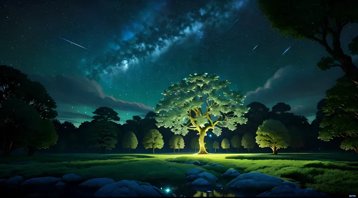 Illustration of a hyperrealistic , Otherworldly, Ultra sky scene，Features a huge crystal tree all over its body,Very detailed and magical lighting, Intricate forest details, vegetation and river around, solarpunk ,landscape, giant tree, Beautiful green lea...