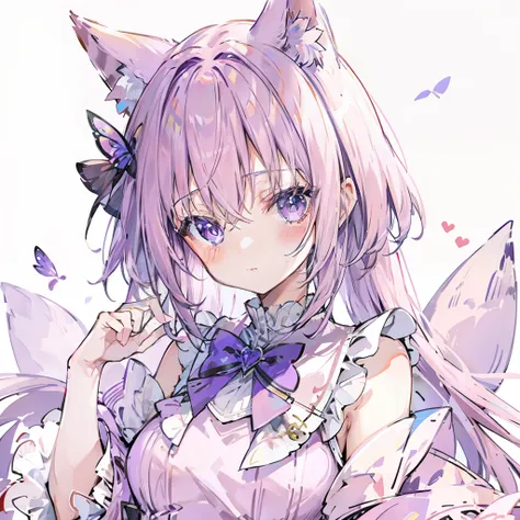 pink violet hair，fox ear，pink, purple and white clothes，cute sweet girl，butterflys