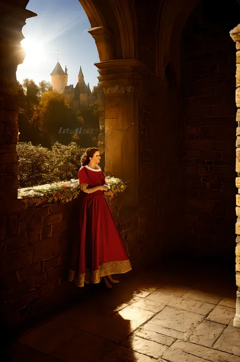 Young queen on the balcony of the castle, photo realism, Dramatic light