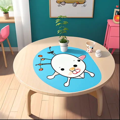 There is a table，There is a chair and a lamp on it, [ overhead view of a table ]!!, adorable and whimsical, cute design, On a table, On a table, hand painted cartoon art style, playful and cheerful, Whimsical and cute, desk, Table, detailed soft painting, ...