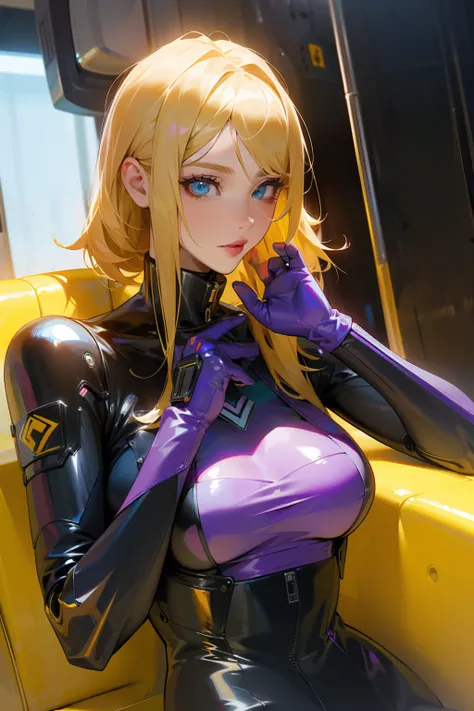 1 cinta，espingarda，operador，Special Operations，seios gigantescos de decote，Seios colossais，O sulco expõe a pele original  fashion shot of a beautiful woman blond brain cyber super model in cybernetic suit, "purple neon lips" and black, high fashion