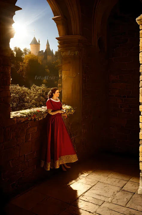 Young queen on the balcony of the castle, photo realism, Dramatic light