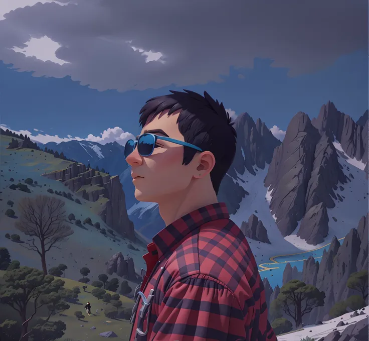 A cartoon boy，Ink style，Bright and gorgeous background，Stand under a magnificent alpine landscape，The blue sky and blue water reflect his handsome and delicate short hair，Wearing black sunglasses， Futurism